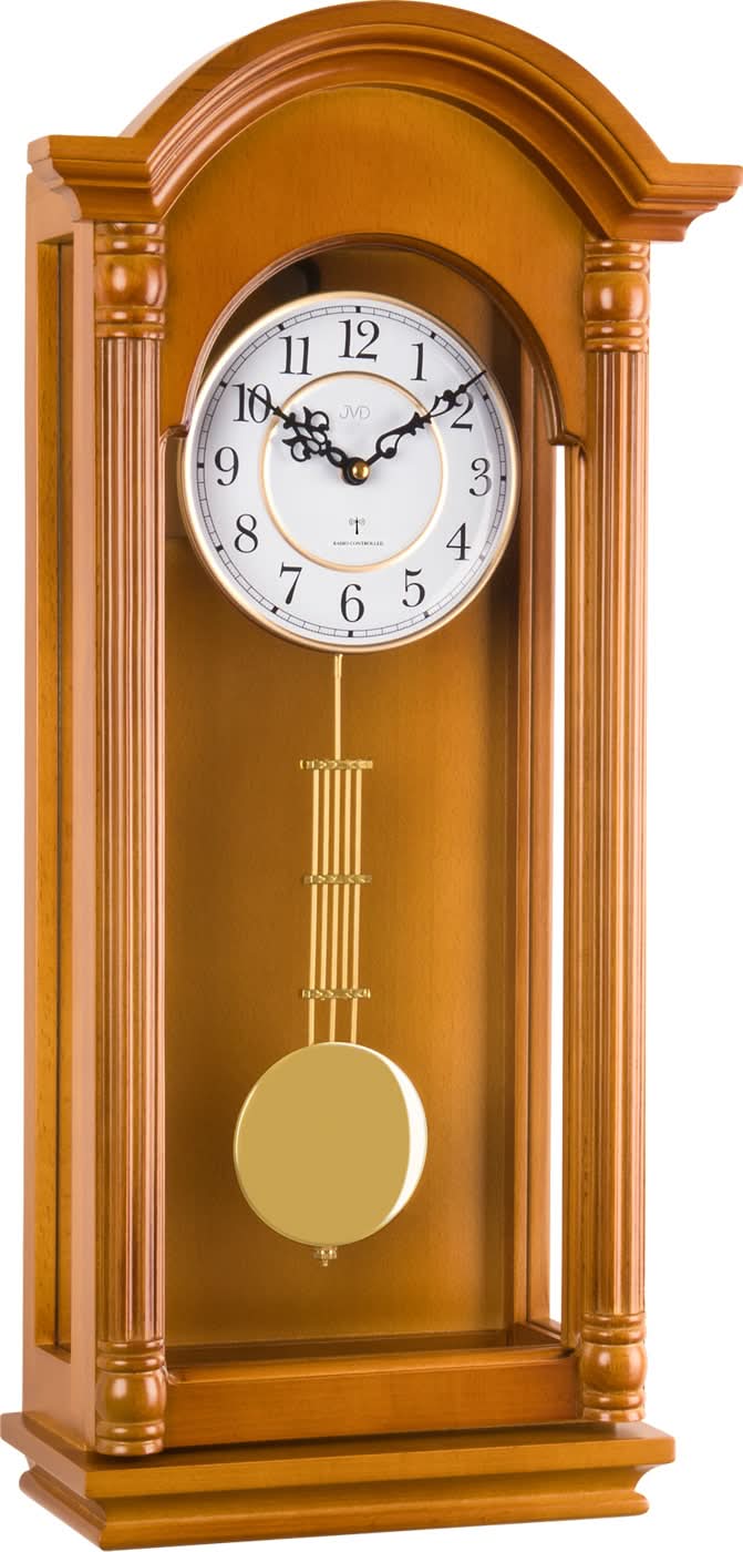 Horloge murale en bois avec cadran rond et pendule, boîtier vitré, brun doré
