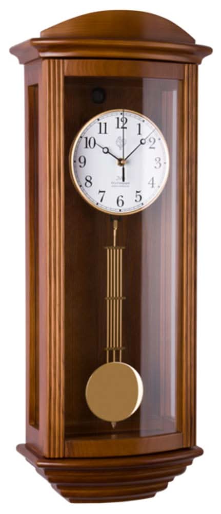 Horloge murale en bois avec insert en verre, cadran rond et pendule avec contrepoids rond