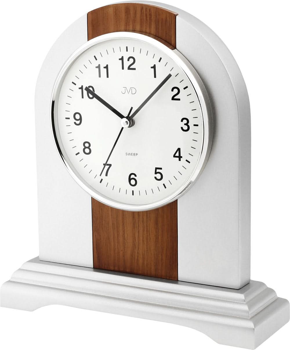 JVD Horloge de table avec cadran rond, socle en bois et boîtier blanc, aiguilles rondes