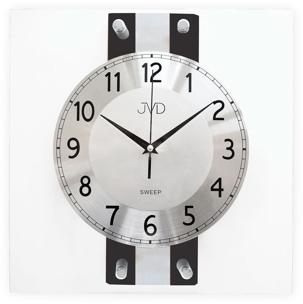 Runde JVD-Wanduhr mit weißem Zifferblatt, schwarzen Zeigern und schwarzen Montageplatten