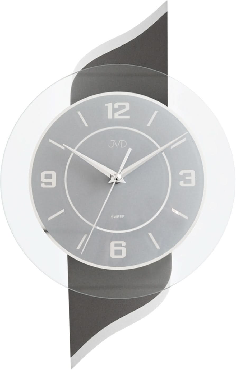 Horloge murale JVD avec cadran rond gris, chiffres et aiguilles blancs
