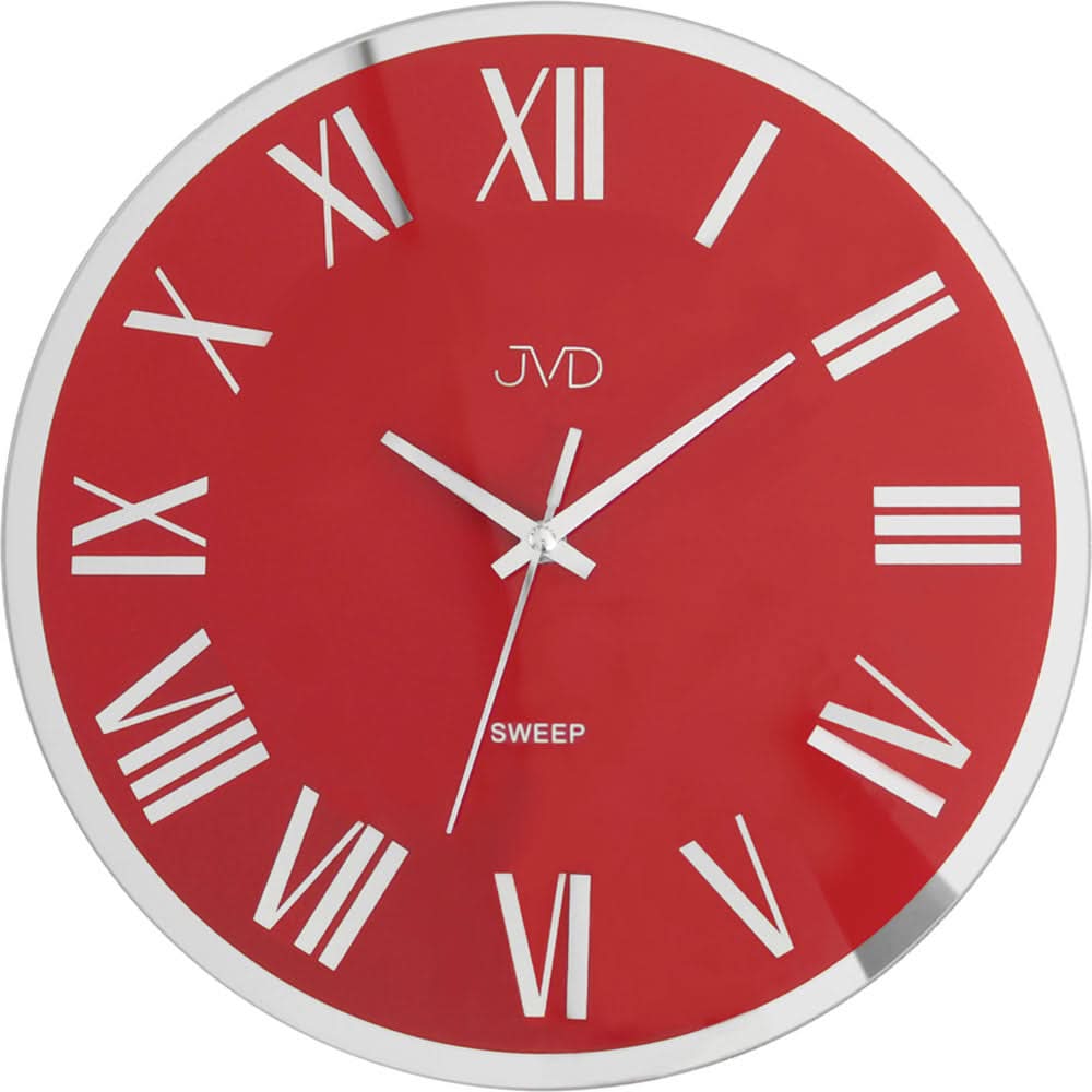 Runde Wanduhr mit rotem Zifferblatt, römischen Zahlen und silbernem Metallrand, JVD