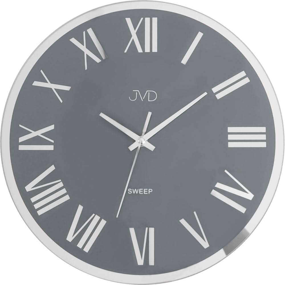 Horloge murale métallique avec cadran gris, chiffres romains et cadre argenté