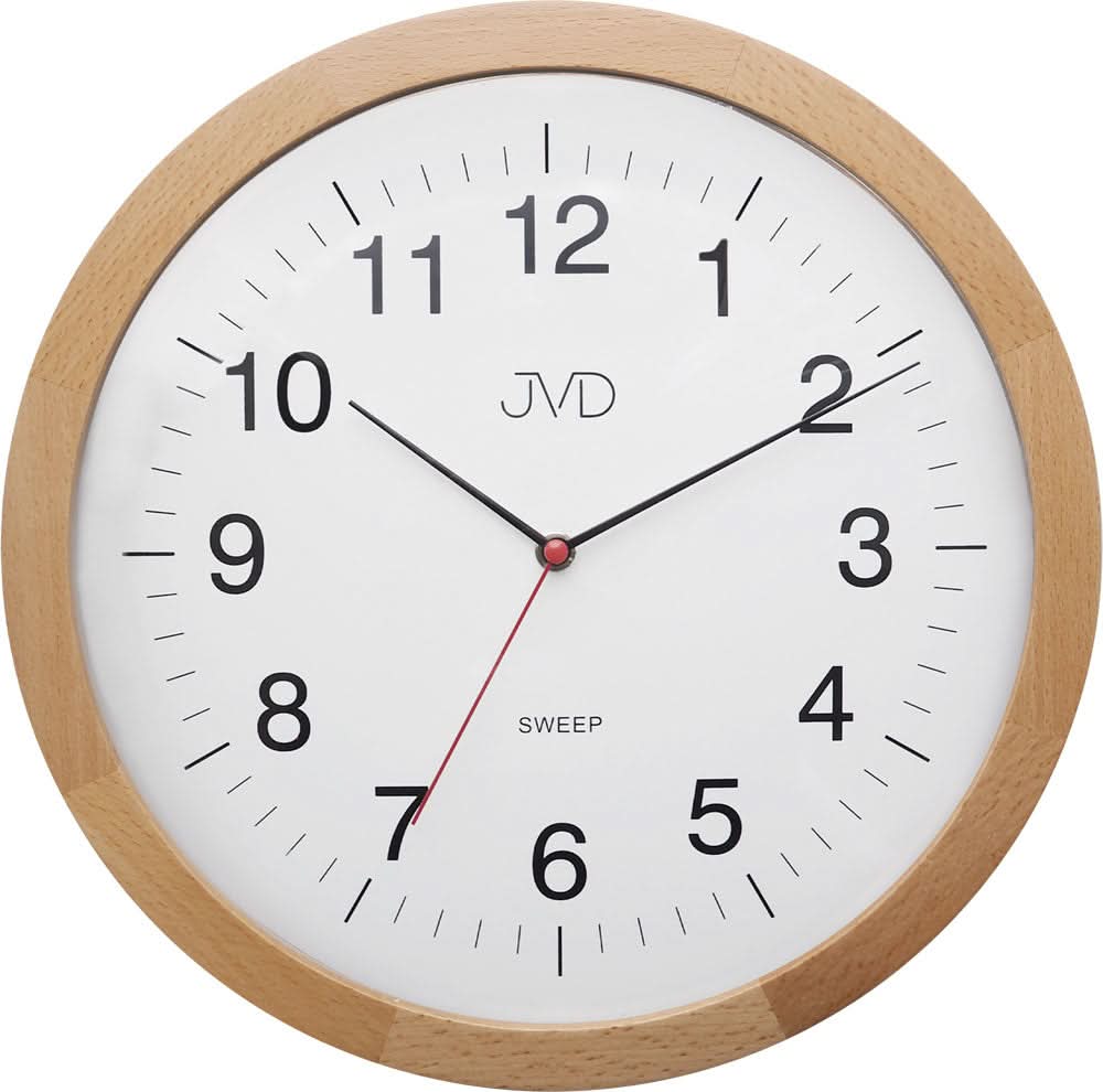 Horloge murale ronde avec cadre en bois clair, cadran blanc, aiguilles noires et trotteuse rouge