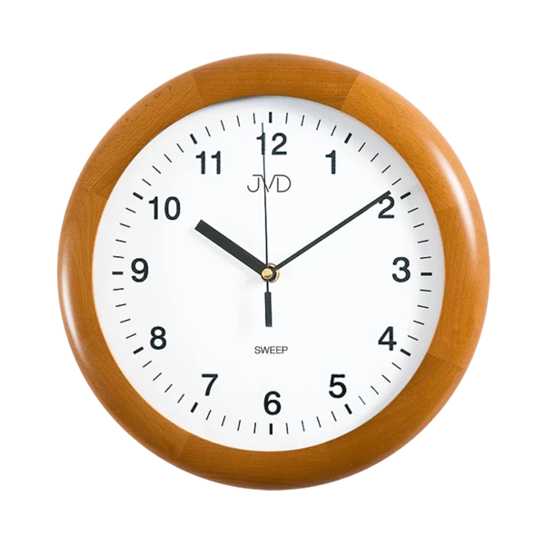 Horloge murale ronde en bois avec cadran blanc, aiguilles noires et chiffres arabes