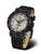 Montre homme avec bracelet en cuir noir, boîtier rond et cadran gris clair