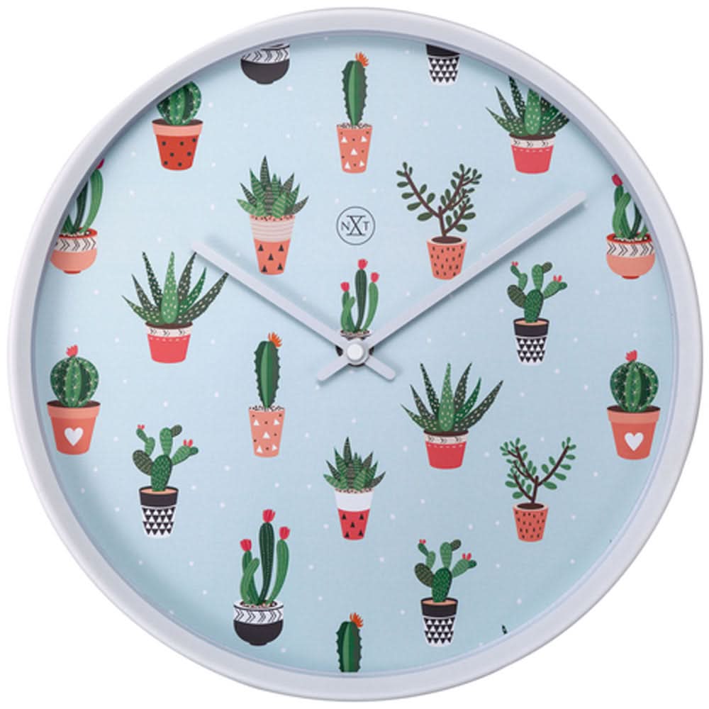 Horloge murale (Ø30 cm) en plastique, cadran bleu clair avec imprimé cactus