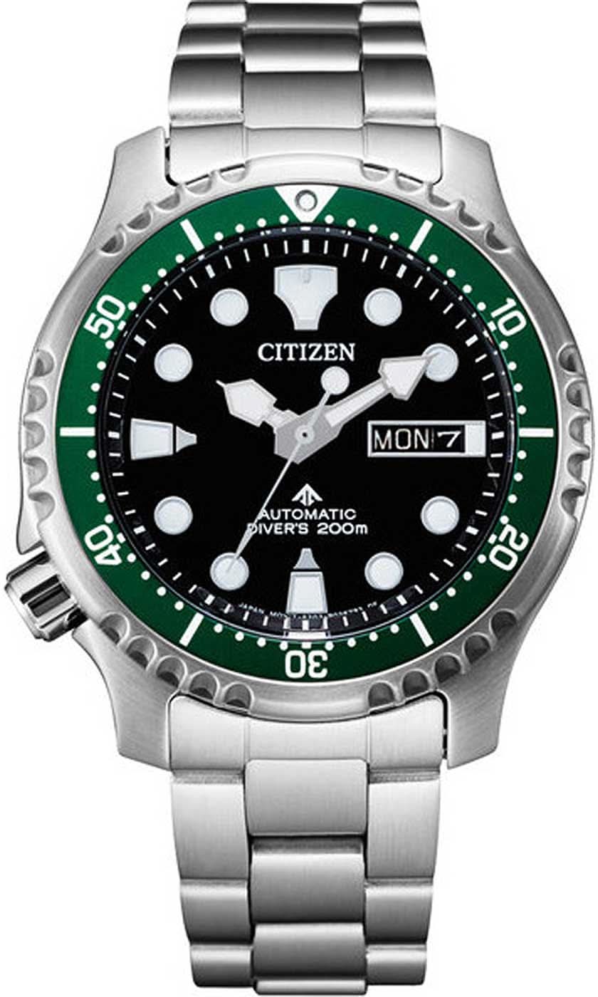 Montre Citizen Promaster pour homme : lunette verte, cadran noir, bracelet en métal