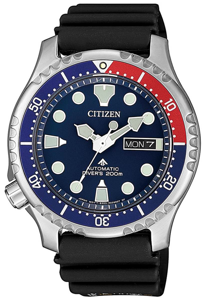 Montre homme avec bracelet en cuir noir et cadran bleu, affichage de la date « LUN 7 »