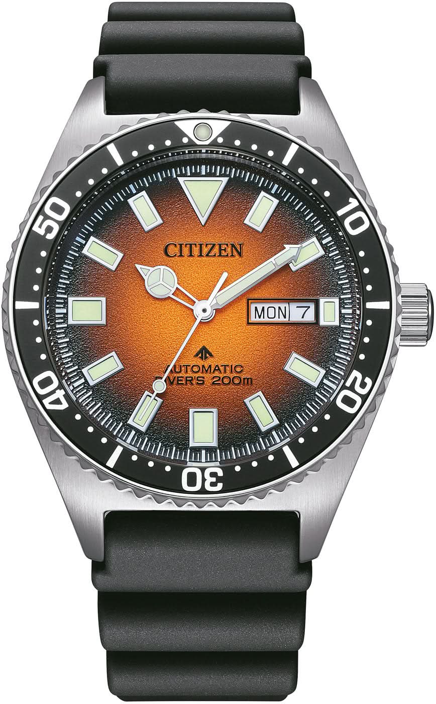Montre homme avec bracelet noir, boîtier argenté et cadran orange