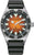 Montre homme avec bracelet noir, boîtier argenté et cadran orange