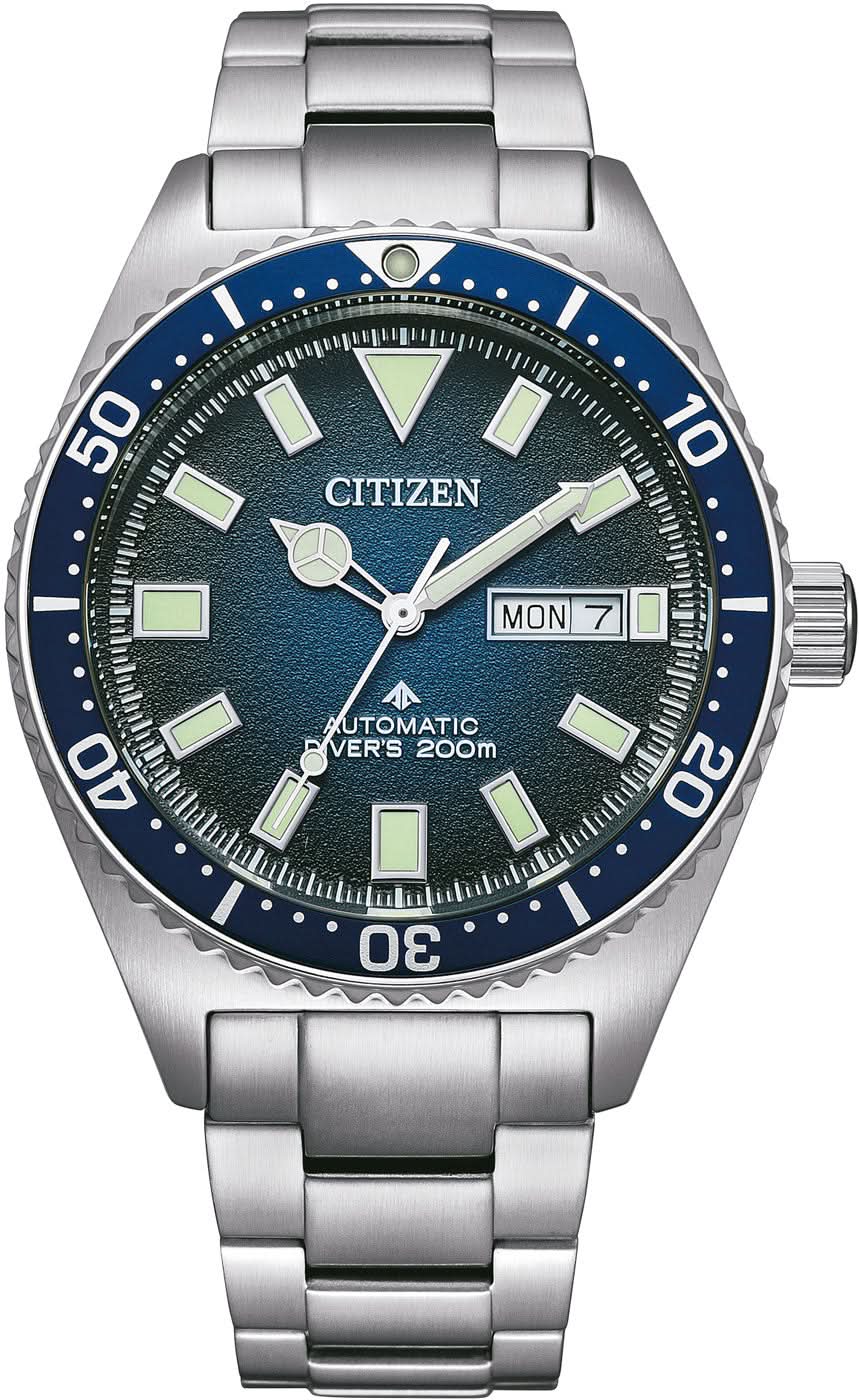 Herrenarmbanduhr mit blauem Zifferblatt, beidseitig gerändelter Lünette und Datumsanzeige