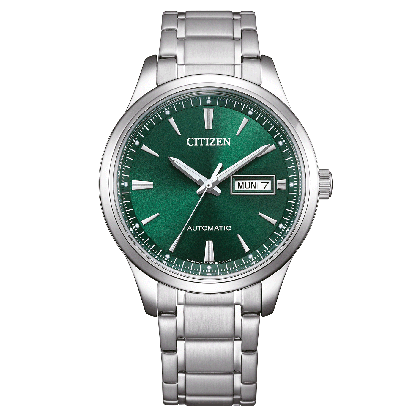 Montre automatique pour homme avec cadran vert, affichage de la date et bracelet en métal argenté