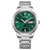 Montre automatique pour homme avec cadran vert, affichage de la date et bracelet en métal argenté