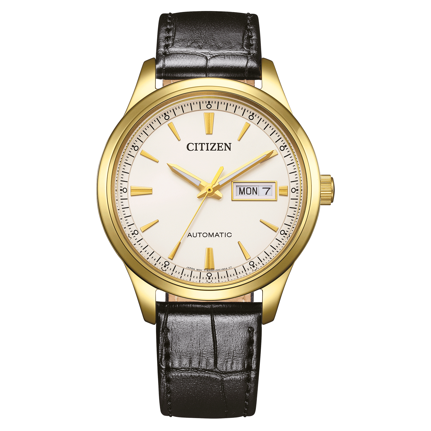 Montre Citizen pour homme avec lunette dorée, cadran blanc et bracelet en cuir noir
