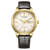 Montre Citizen pour homme avec lunette dorée, cadran blanc et bracelet en cuir noir