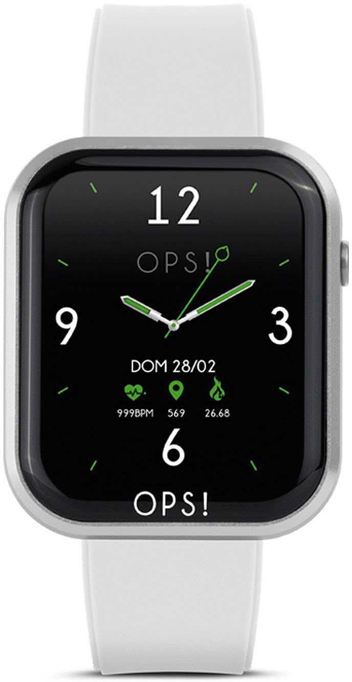 Montre connectée avec écran noir et bracelet en silicone blanc, boîtier rectangulaire