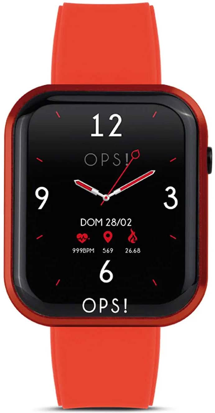 Montre connectée unisexe avec bracelet en silicone rouge et écran carré affichant l'heure