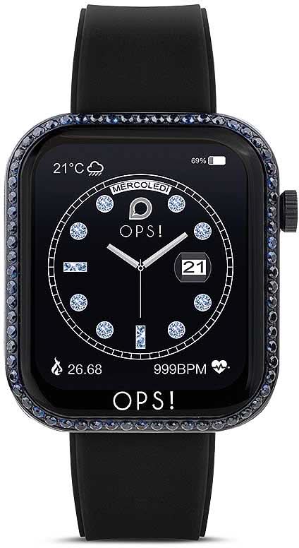 Montre connectée avec bracelet en silicone noir et écran rond, lunette ornée de bleu.