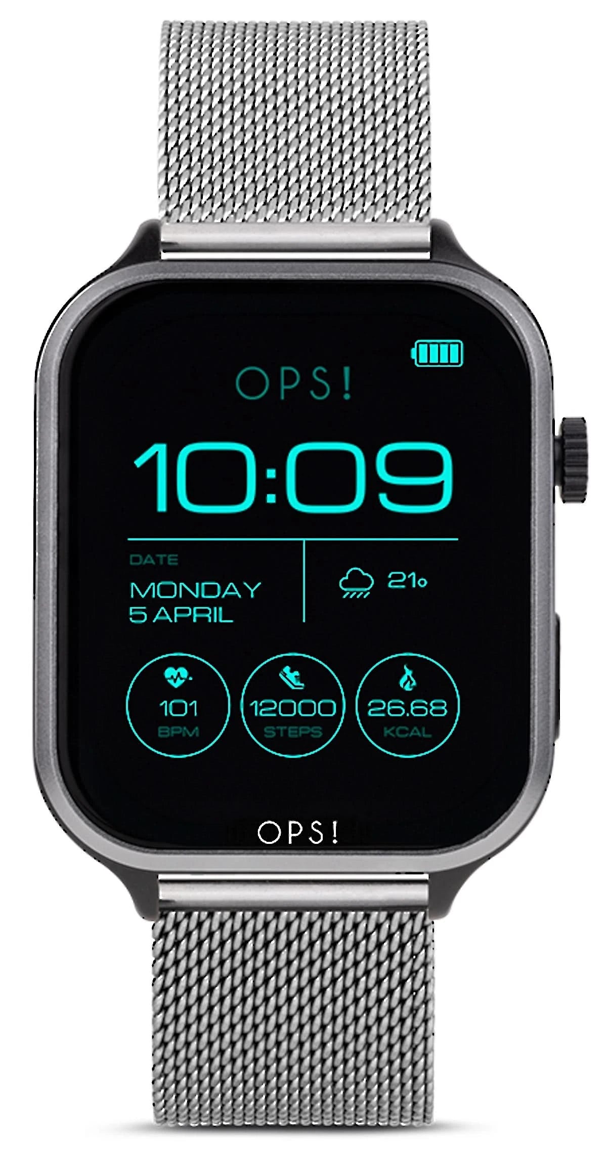 Montre connectée unisexe avec écran AMOLED et bracelet en maille métallique, heure 10:09.