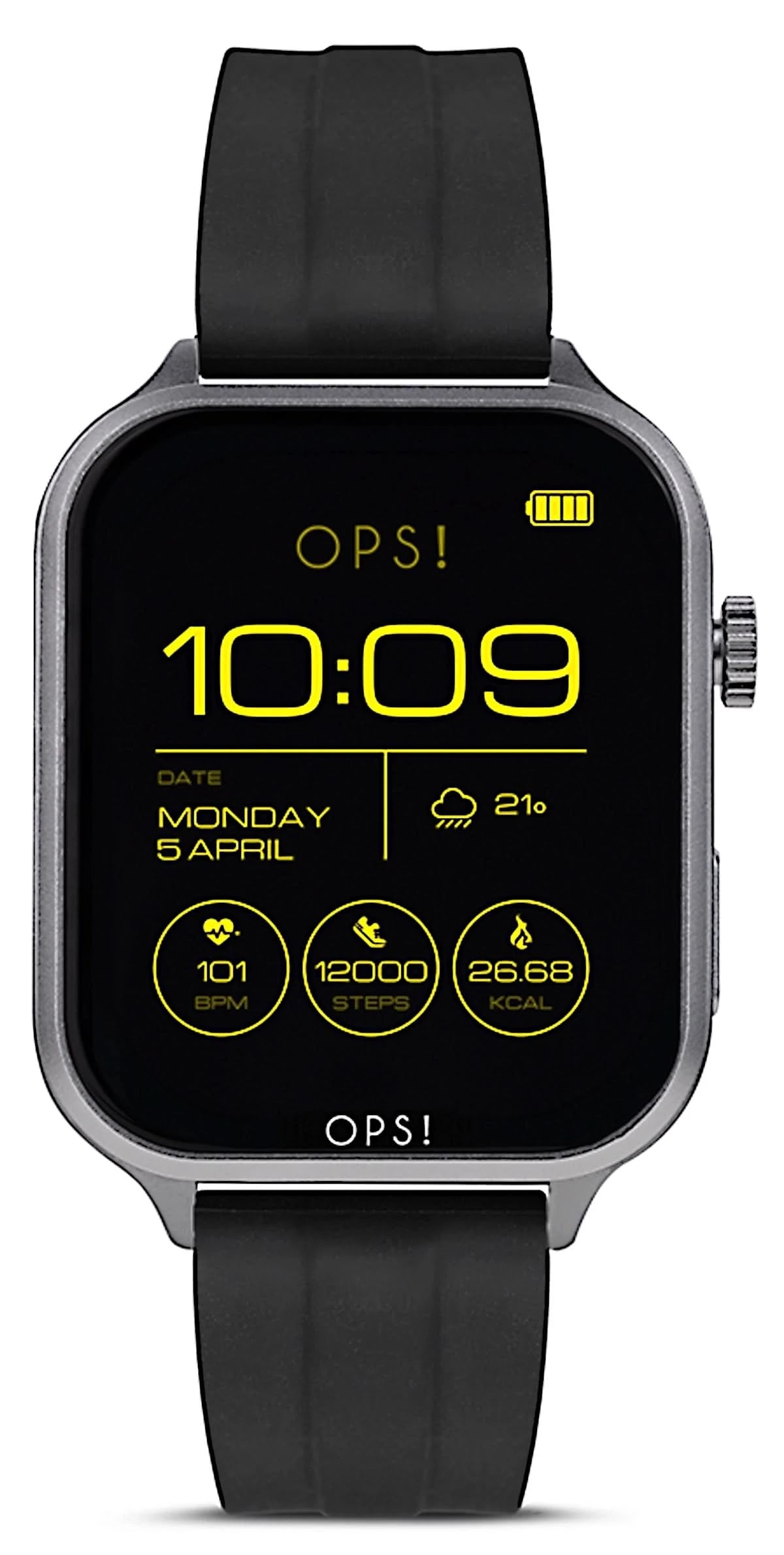 Montre connectée unisexe avec bracelet en silicone noir et écran noir, heure 10:09.