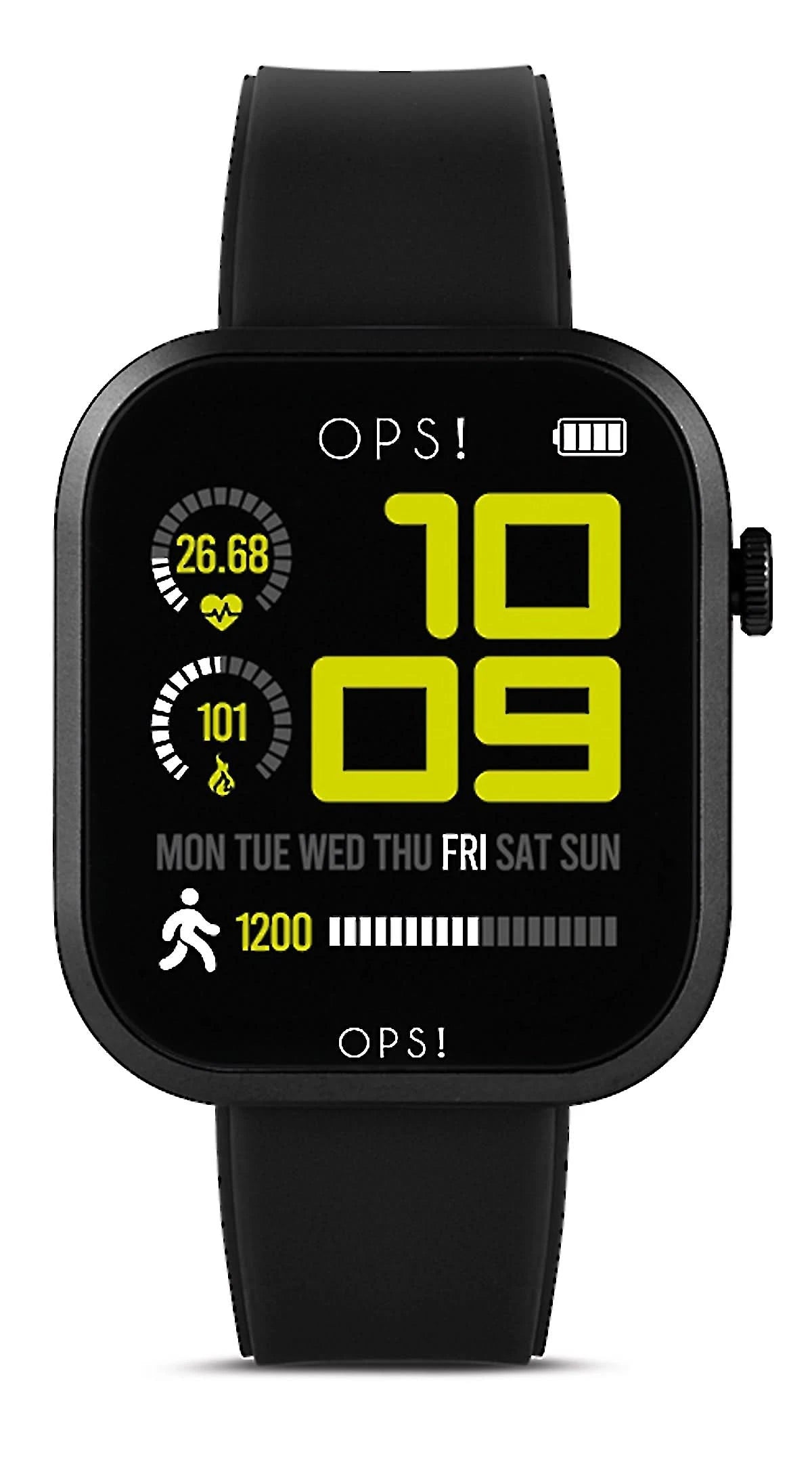 Montre connectée unisexe avec bracelet en silicone noir et écran noir, chiffres jaunes