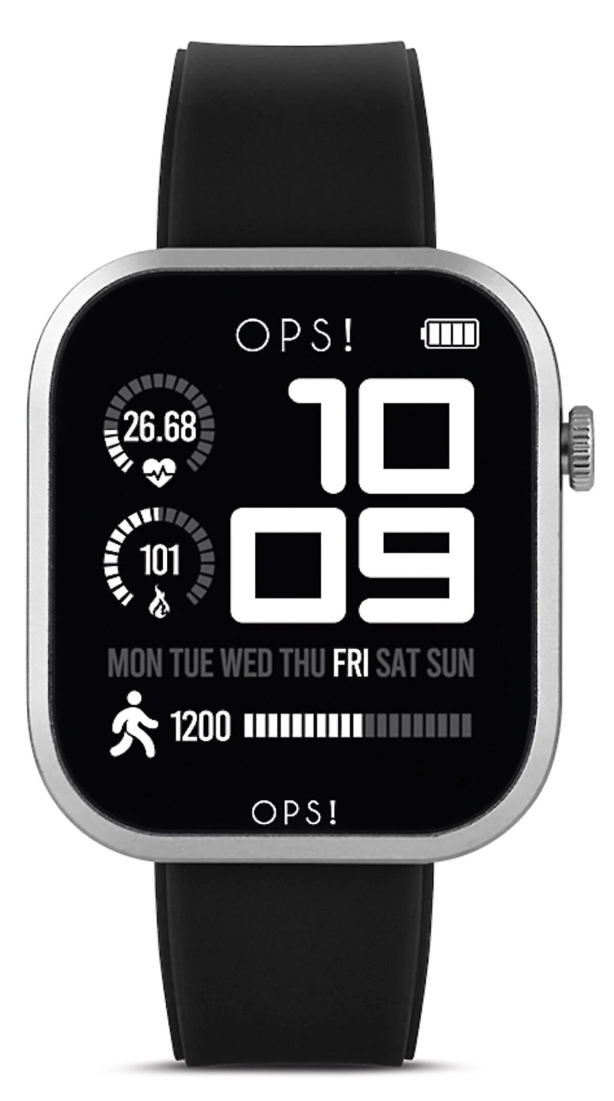 OPS!-Montre connectée unisexe avec écran noir et bracelet en silicone noir