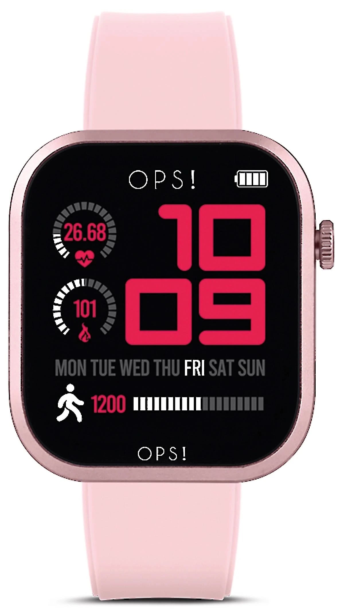 Montre connectée avec boîtier rose et bracelet en silicone rose, affichage numérique de l'heure