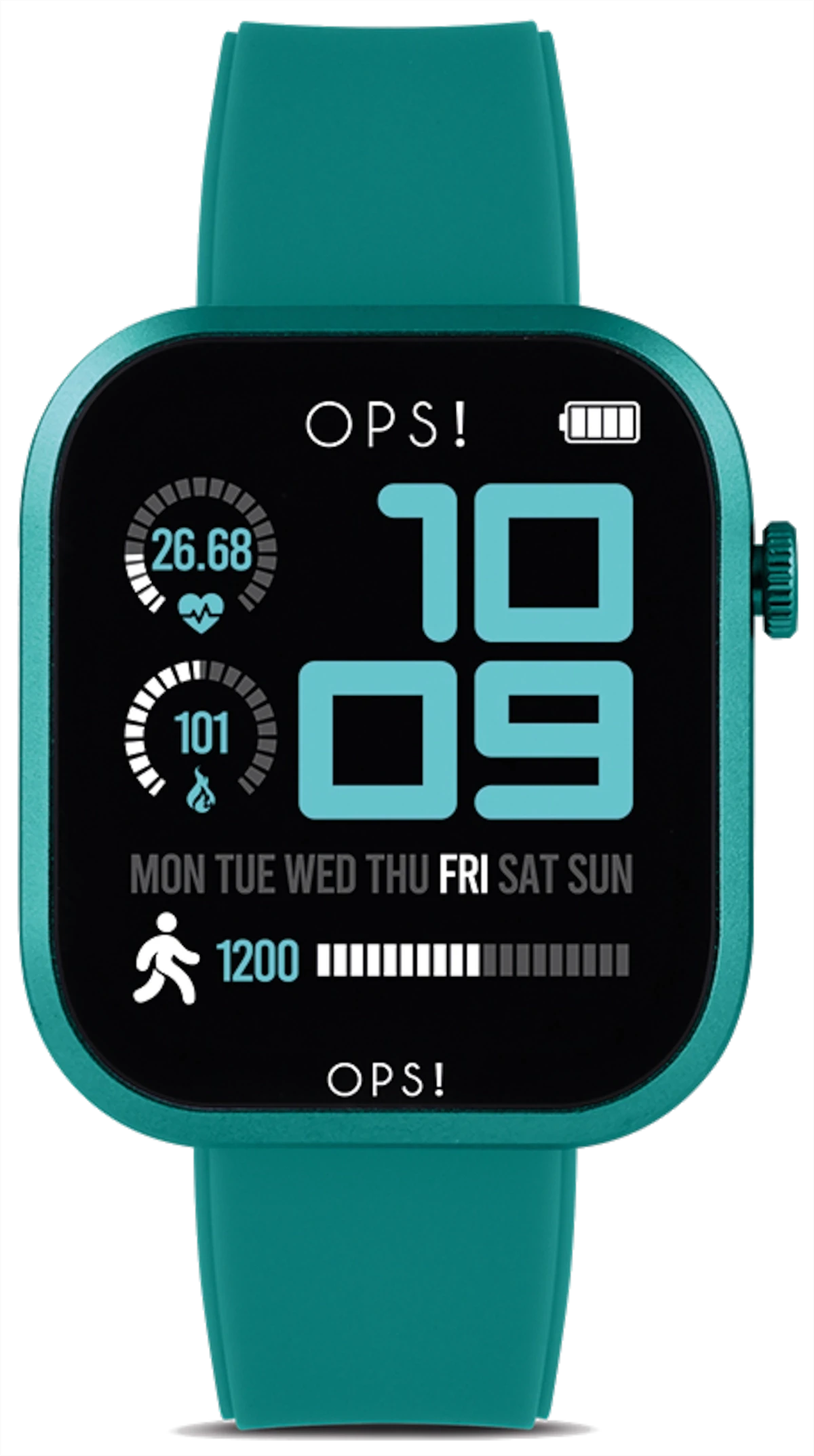Montre connectée avec bracelet rond turquoise et affichage numérique 10:09