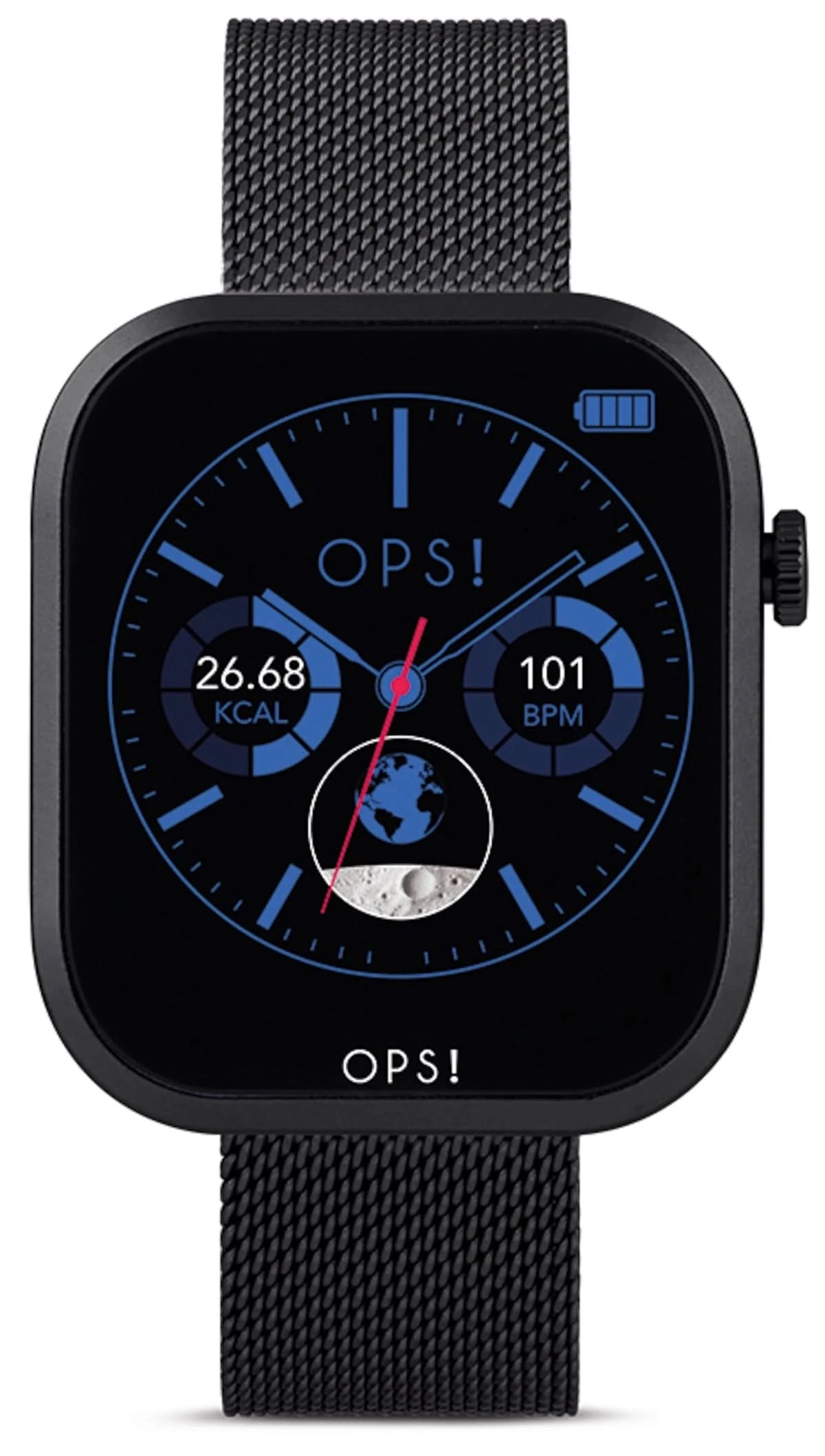 Montre connectée pour femme avec boîtier noir, écran bleu et bracelet milanais noir