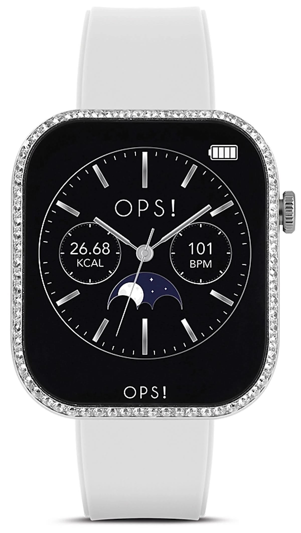 Montre connectée unisexe avec écran noir et bracelet en silicone blanc, lunette en strass