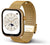 Smartwatch seitlich, goldenes Metallmaschenarmband und schwarzer Bildschirm im Glitzerrahmen
