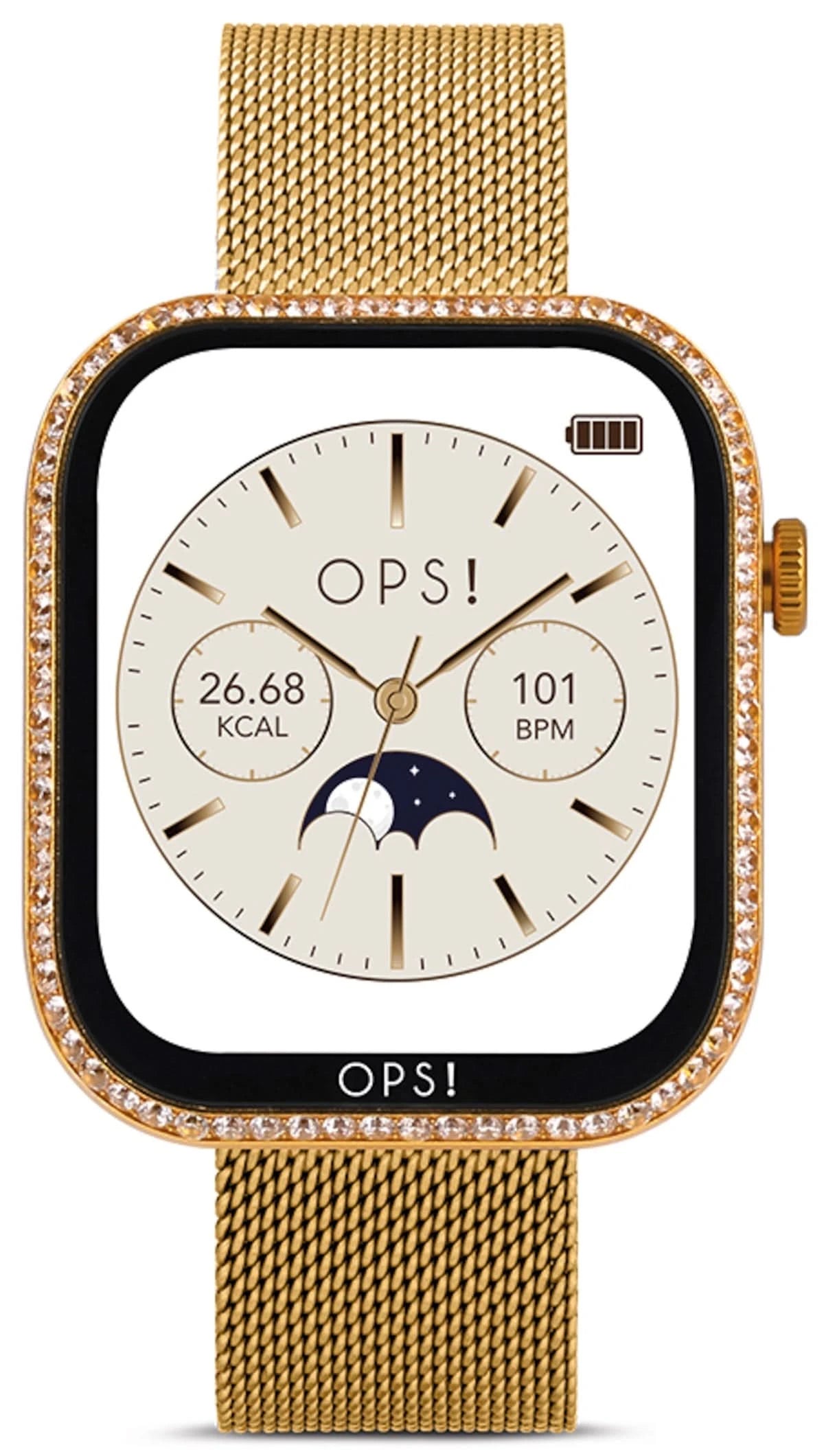 Smartwatch mit goldenem Metallmaschenarmband, schwarzem Display und Glitzerrahmen