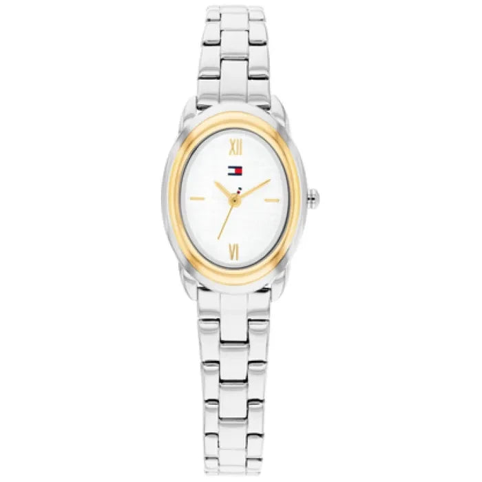 Tommy Hilfiger Damenarmbanduhr mit ovalem silbernem Edelstahlband und goldfarbener Lünette