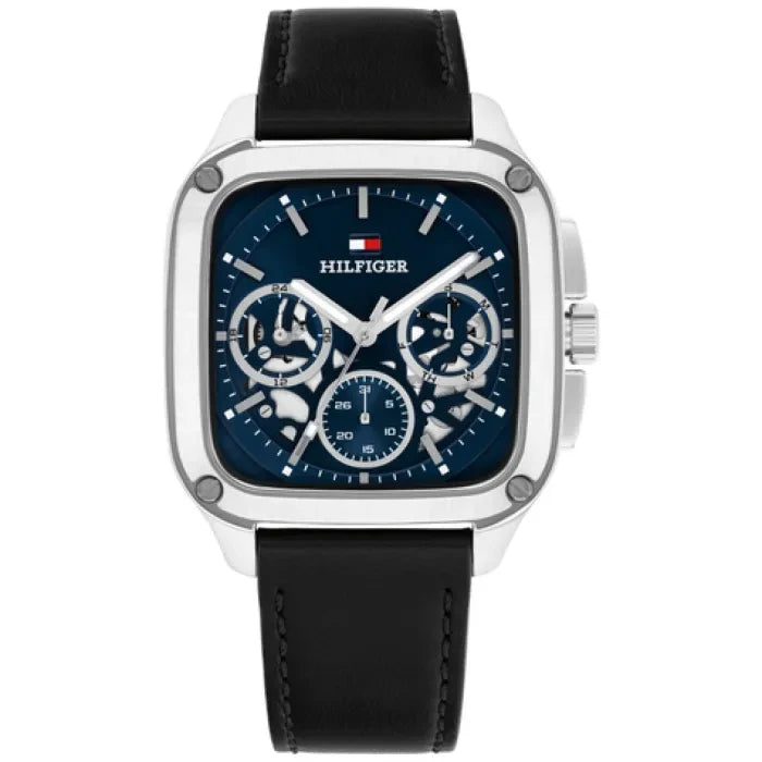 Tommy Hilfiger Herrenuhr: Skelettzifferblatt, blaues Ziffernblatt, schwarzes Lederarmband