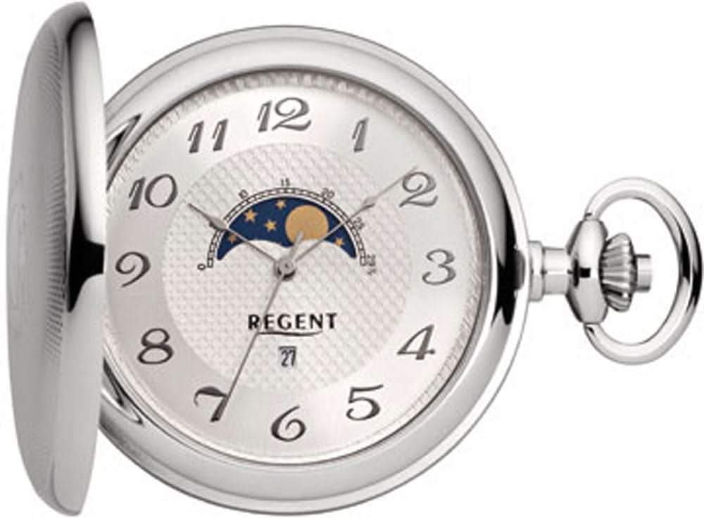 Montre argentée pour homme avec cadran rond, chiffres romains et détail de phases de lune