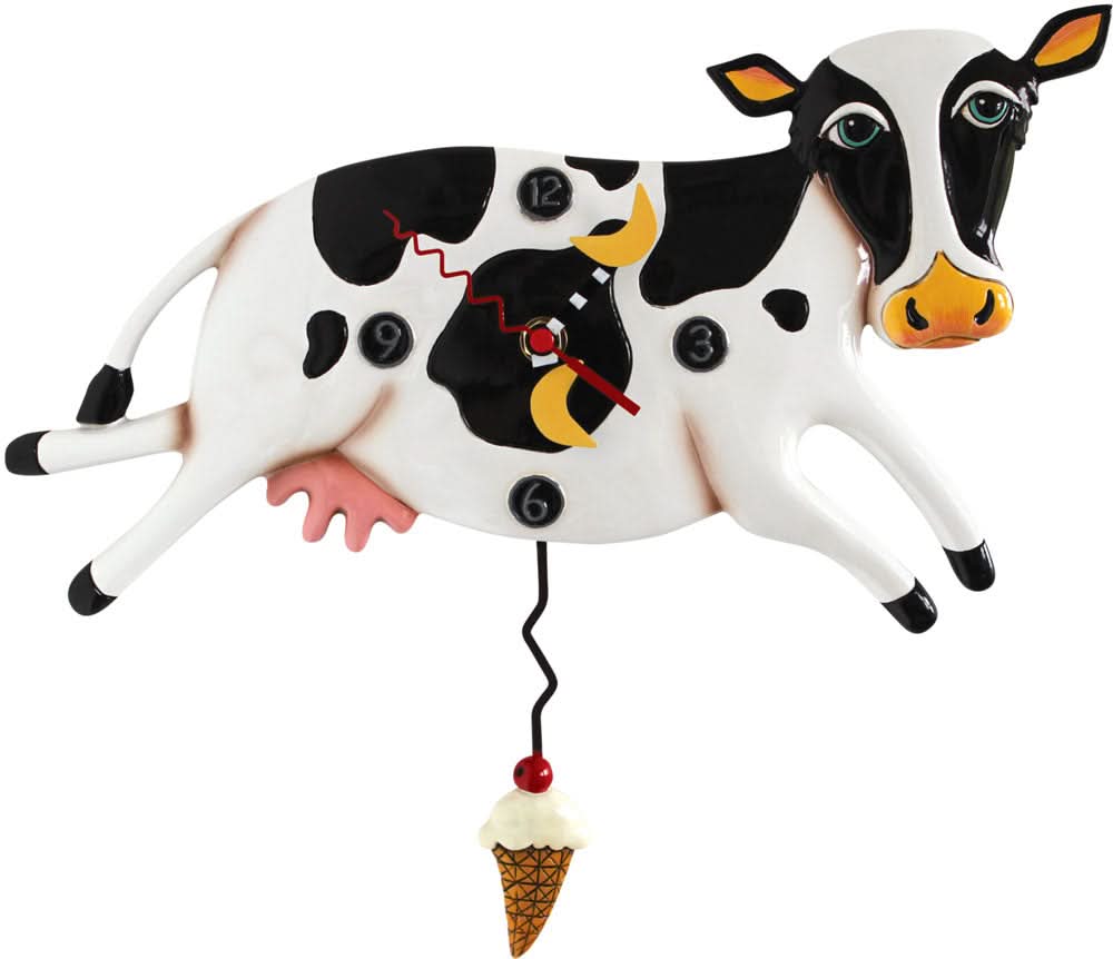 Horloge murale en forme de vache en plastique, noir et blanc, avec balancier et pendentif cornet de glace.