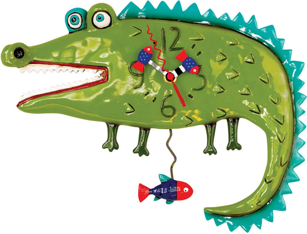 Horloge murale alligator en plastique, verte avec gueule rouge, chiffres et bord denté
