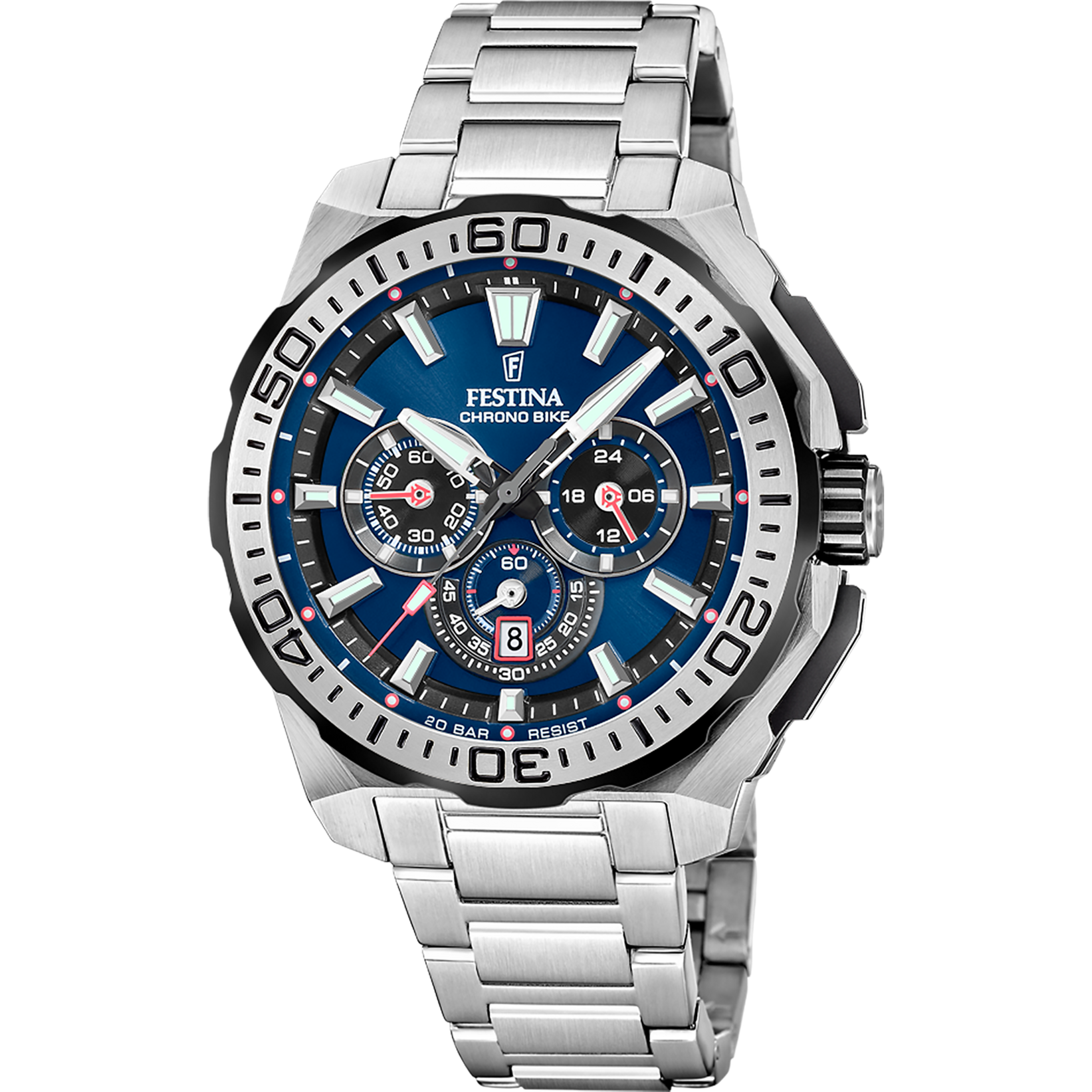 Montre Festina Chrono Bike pour homme avec bracelet en acier inoxydable argenté et cadran chronographe bleu