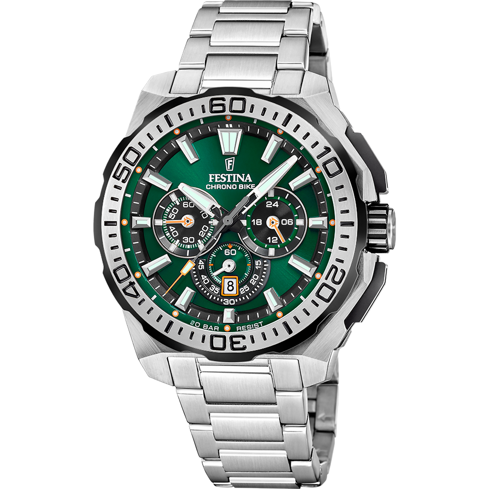 Montre homme avec cadran vert, design chronographe et bracelet en acier inoxydable