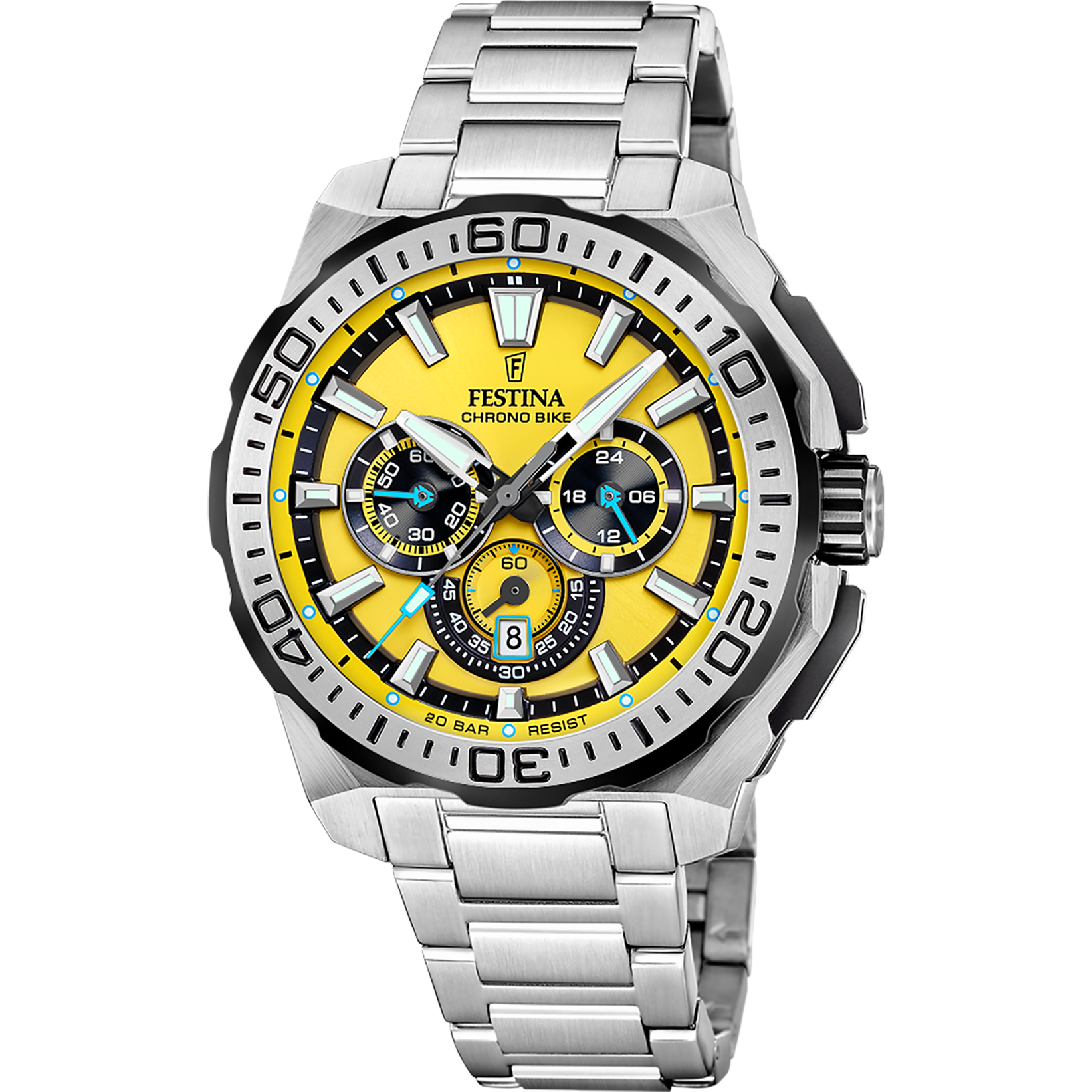 Montre chronographe Festina pour homme avec bracelet en acier inoxydable, cadran jaune et sous-cadrans chrono