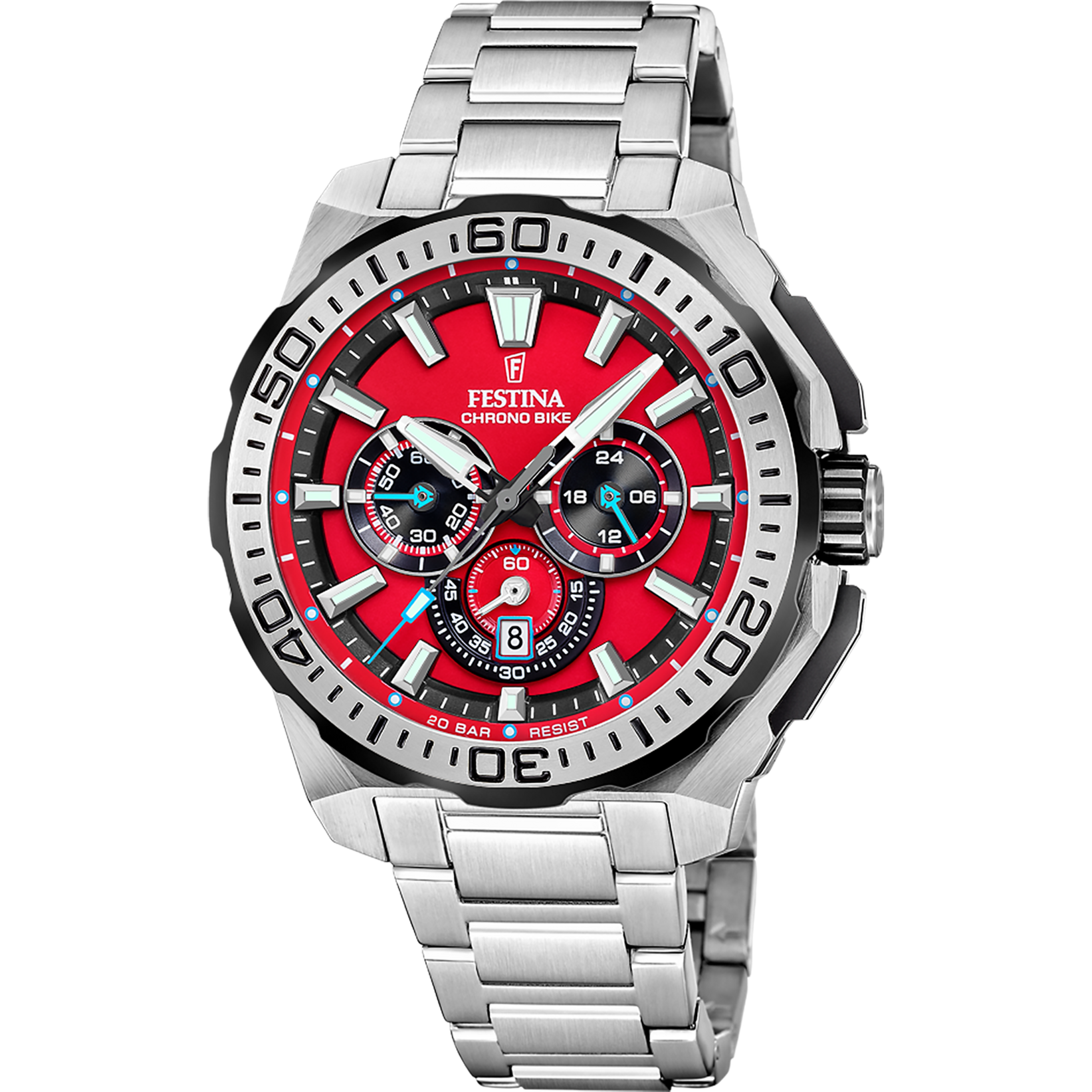 Montre chronographe Festina pour homme avec bracelet en acier inoxydable argenté et cadran rouge