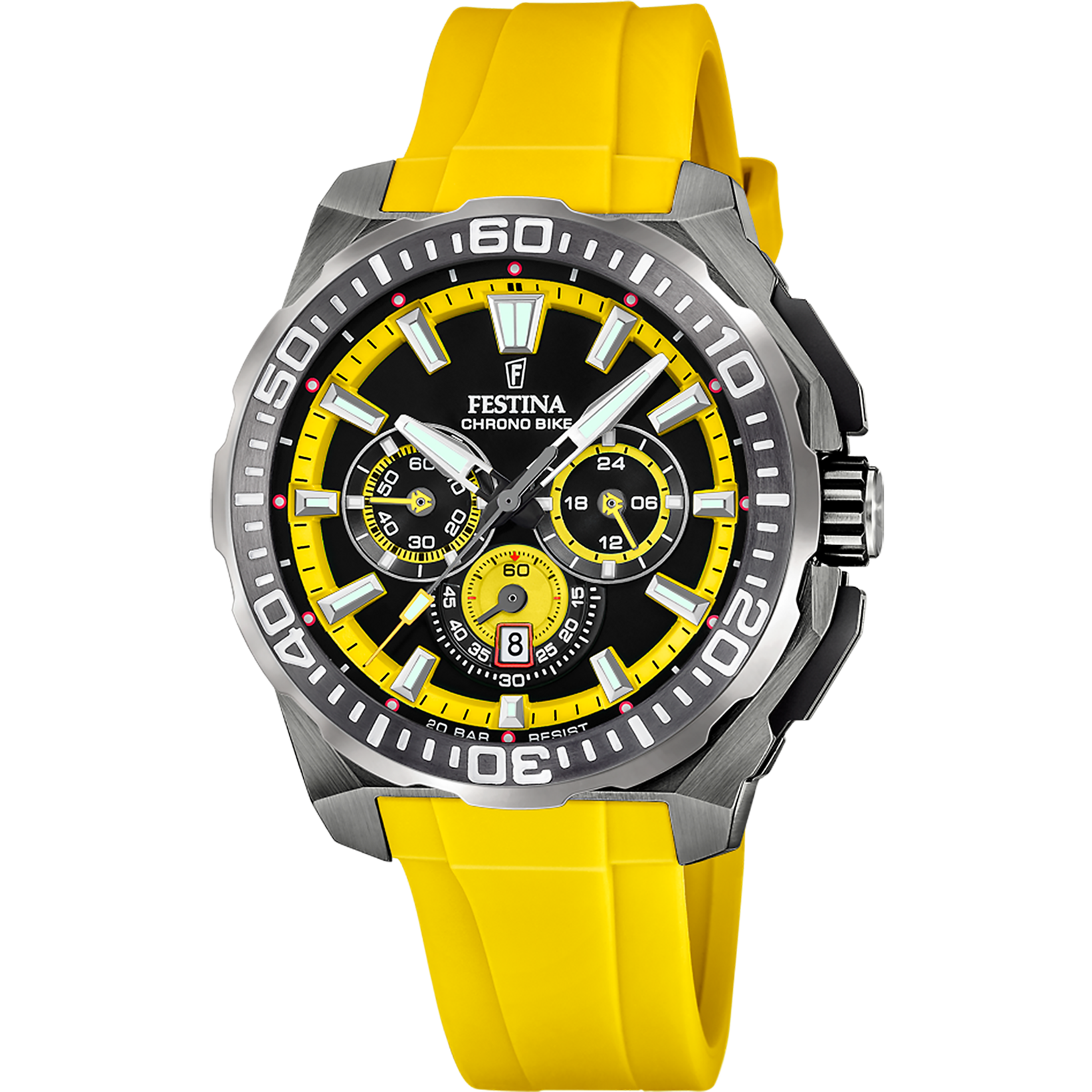 Montre chronographe pour homme avec bracelet en silicone jaune et cadran noir