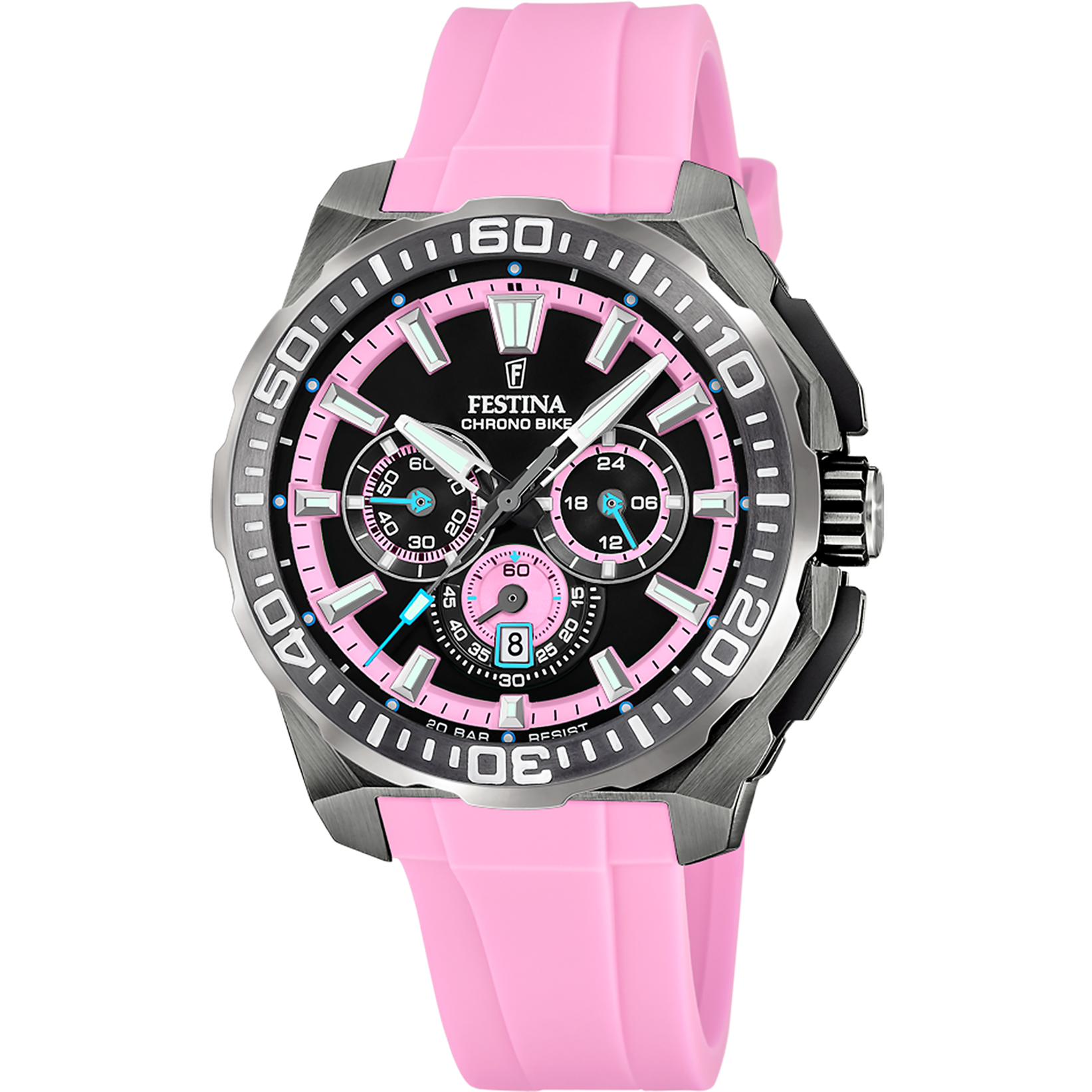 Montre chronographe pour homme avec bracelet en silicone rose, cadran noir, boîtier en acier inoxydable.