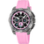 Montre chronographe pour homme avec bracelet en silicone rose, cadran noir, boîtier en acier inoxydable.