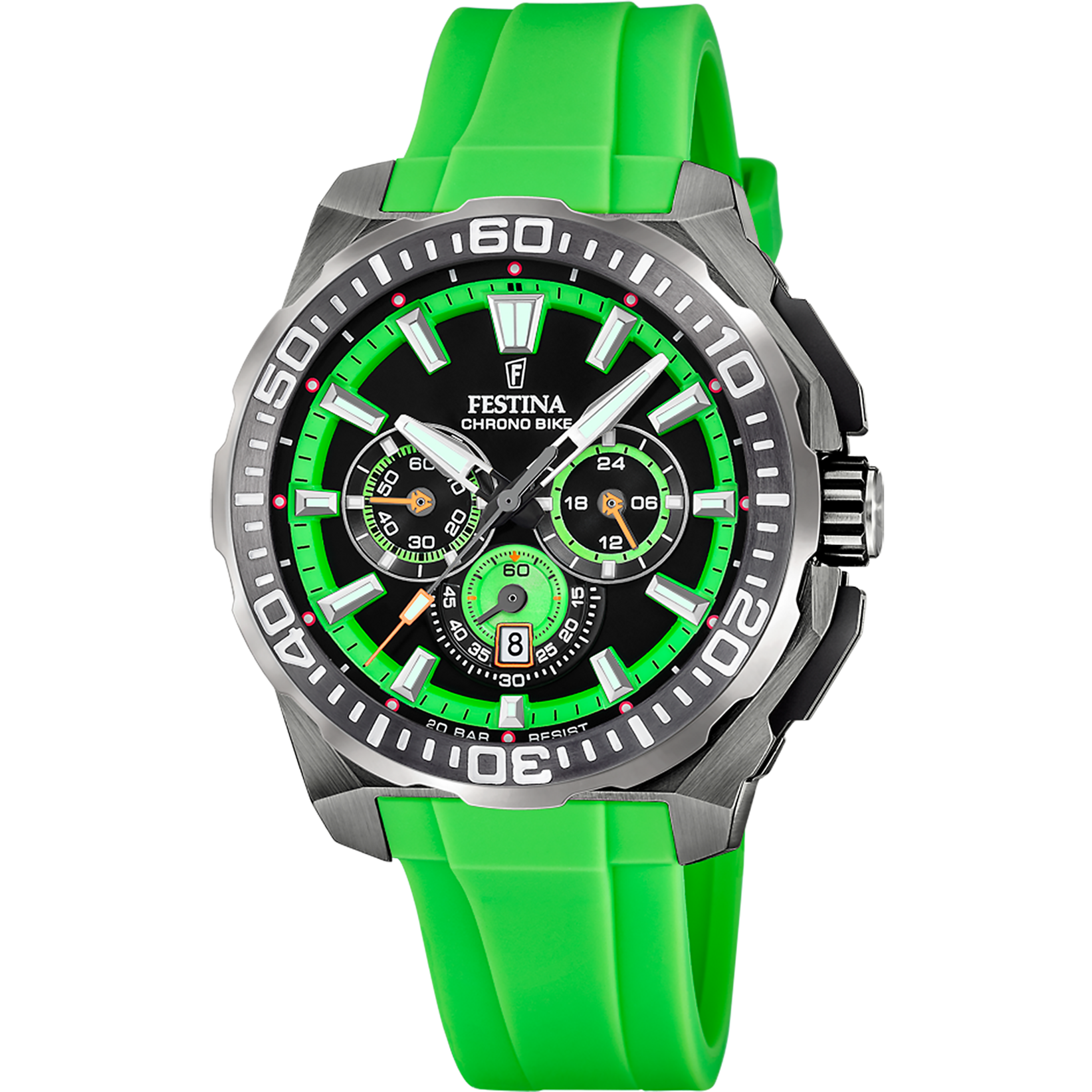 Montre de sport pour homme avec bracelet en silicone vert, boîtier en acier inoxydable et chronographe