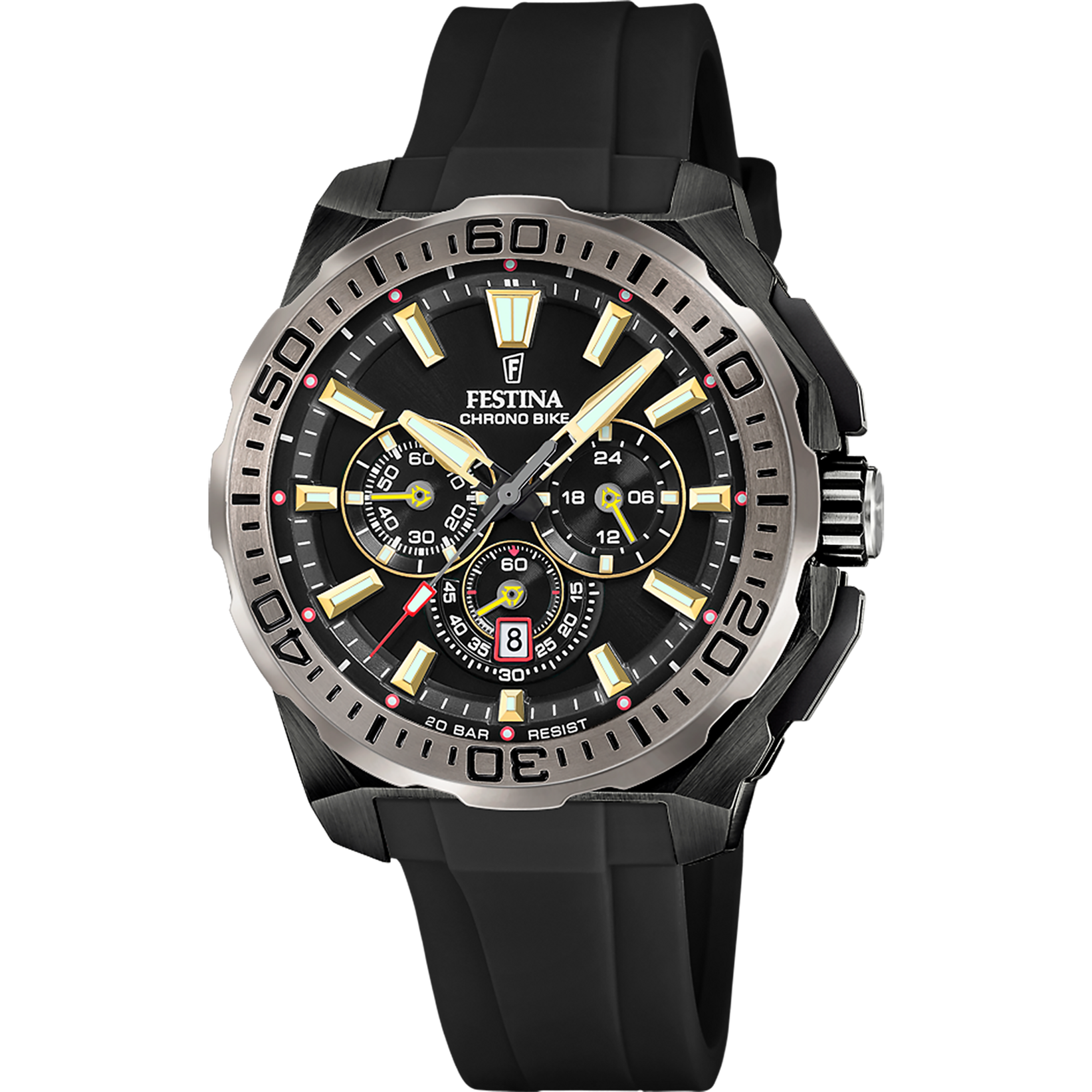 Montre chronographe pour homme avec bracelet en caoutchouc noir, cadran argenté