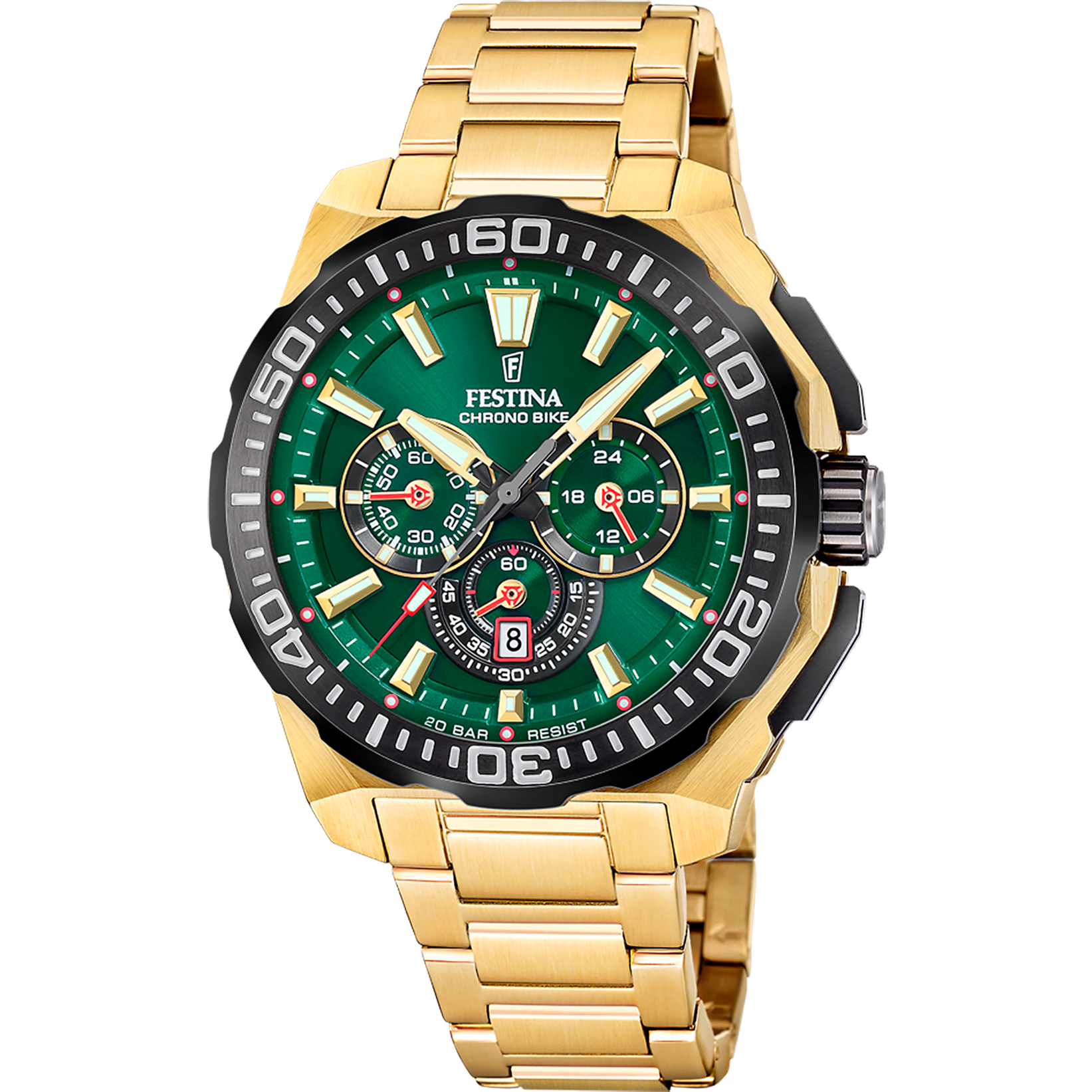 Montre chronographe pour homme FESTINA avec cadran vert et bracelet en acier inoxydable doré