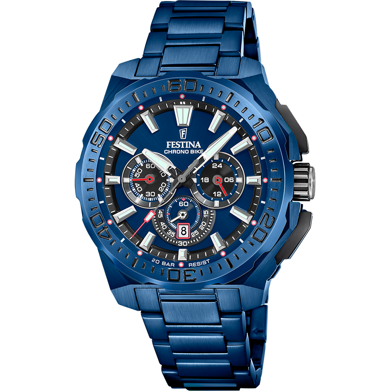 Montre chronographe pour homme avec accents bleus, trois compteurs et bracelet en métal
