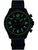 Herrenuhr mit schwarzem Zifferblatt und grün leuchtenden Leuchtmarkierungen, dunkelblauem NATO-Band